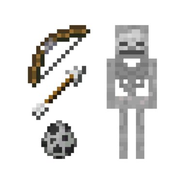 İskelet parçalarından oluşan pikseller. Oyun kahramanı konsepti. Piksel iskelet, yay, ok, iskelet yumurtayı çağırır. Vektör illüstrasyonu EPS 10.