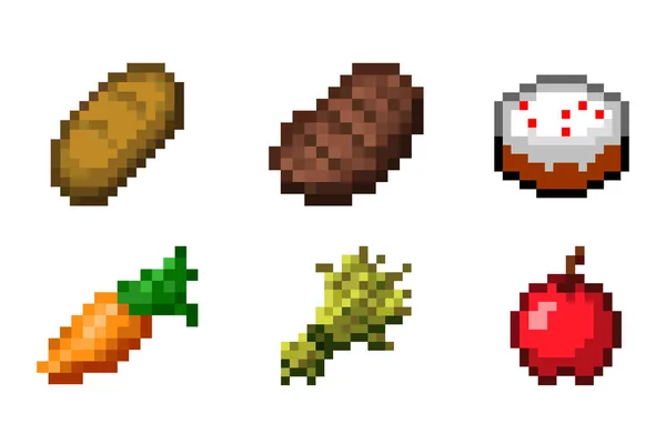 Pixel Iconos Comida Conjunto Símbolos Pastel Pan Zanahoria Trigo Manzana — Vector de stock