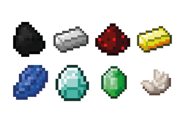 Шаблоны пиксельных объектов. Ценные руды, минералы, ресурсы для производства. Векторная иллюстрация EPS 10.