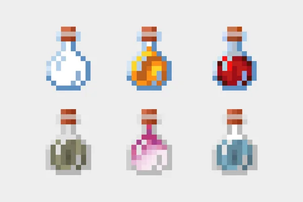 Iconos Píxeles Botellas Con Poción Gran Conjunto Contenedores Para Pociones — Vector de stock