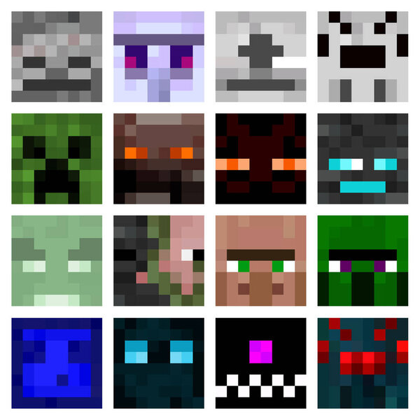 Large set of colored pixel masks isolated on white background. 8 bit skins of characters and game items in a game style. Vector illustration EPS 10.