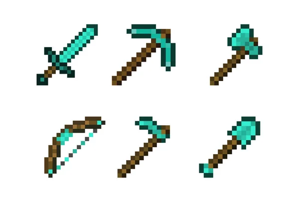 Pixel Diamant Gereedschappen Wapens Sjablonen Gaming Tools Concept Pixel Diamant — Stockvector