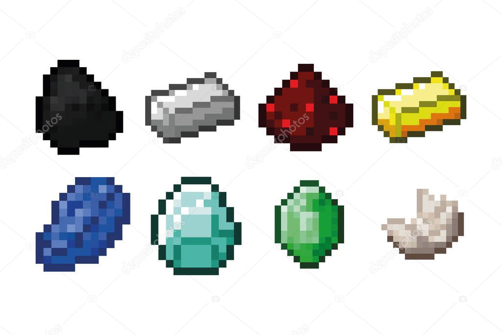 Pixel object patterns. Valuable ores, minerals, resources for crafting. Vector illustration EPS 10.