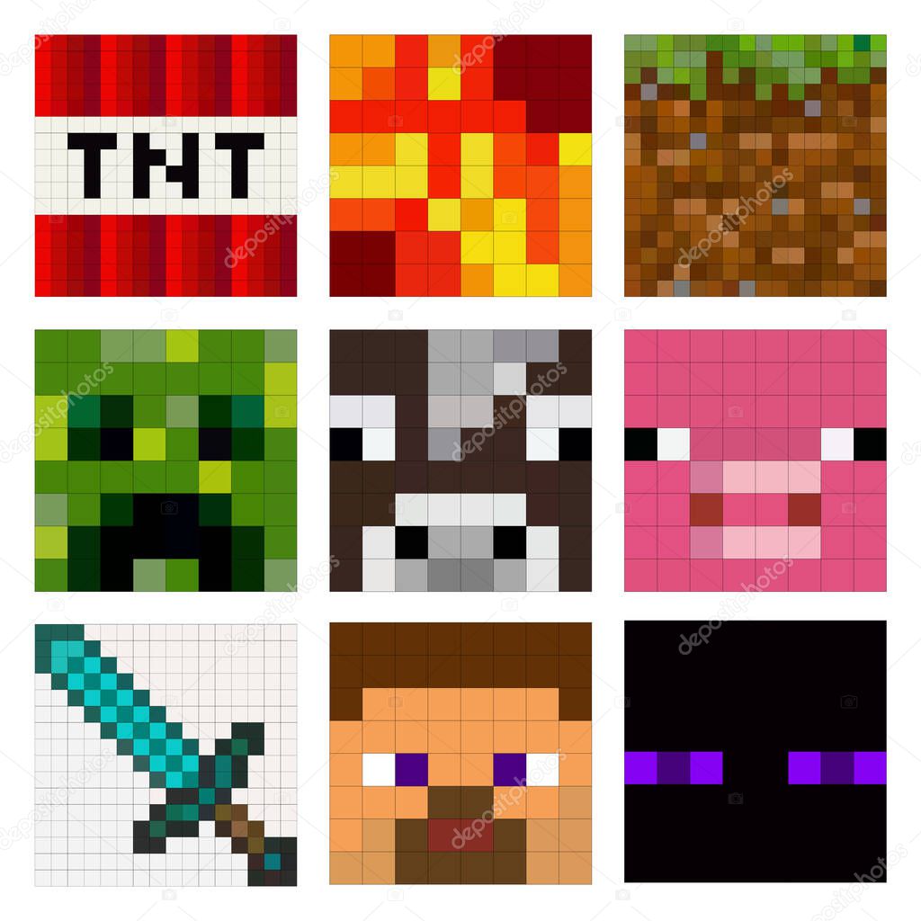 Large set of colored pixel masks isolated on white background. 8 bit skins of characters and game items in a game style. Vector illustration EPS 10.