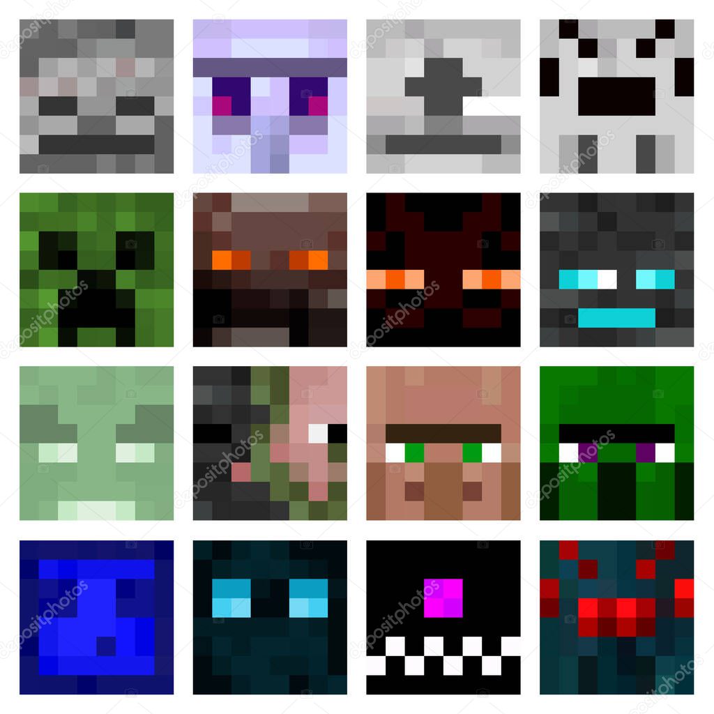 Large set of colored pixel masks isolated on white background. 8 bit skins of characters and game items in a game style. Vector illustration EPS 10.