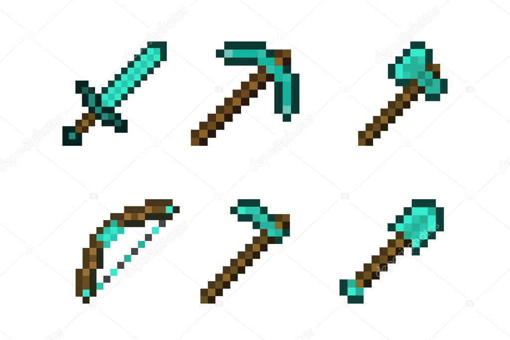 Pixel diamond tools and weapons templates. Gaming tools concept. Pixel diamond sword, bow, pickaxe, ax, shovel, hoe. Vector illustration EPS 10.
