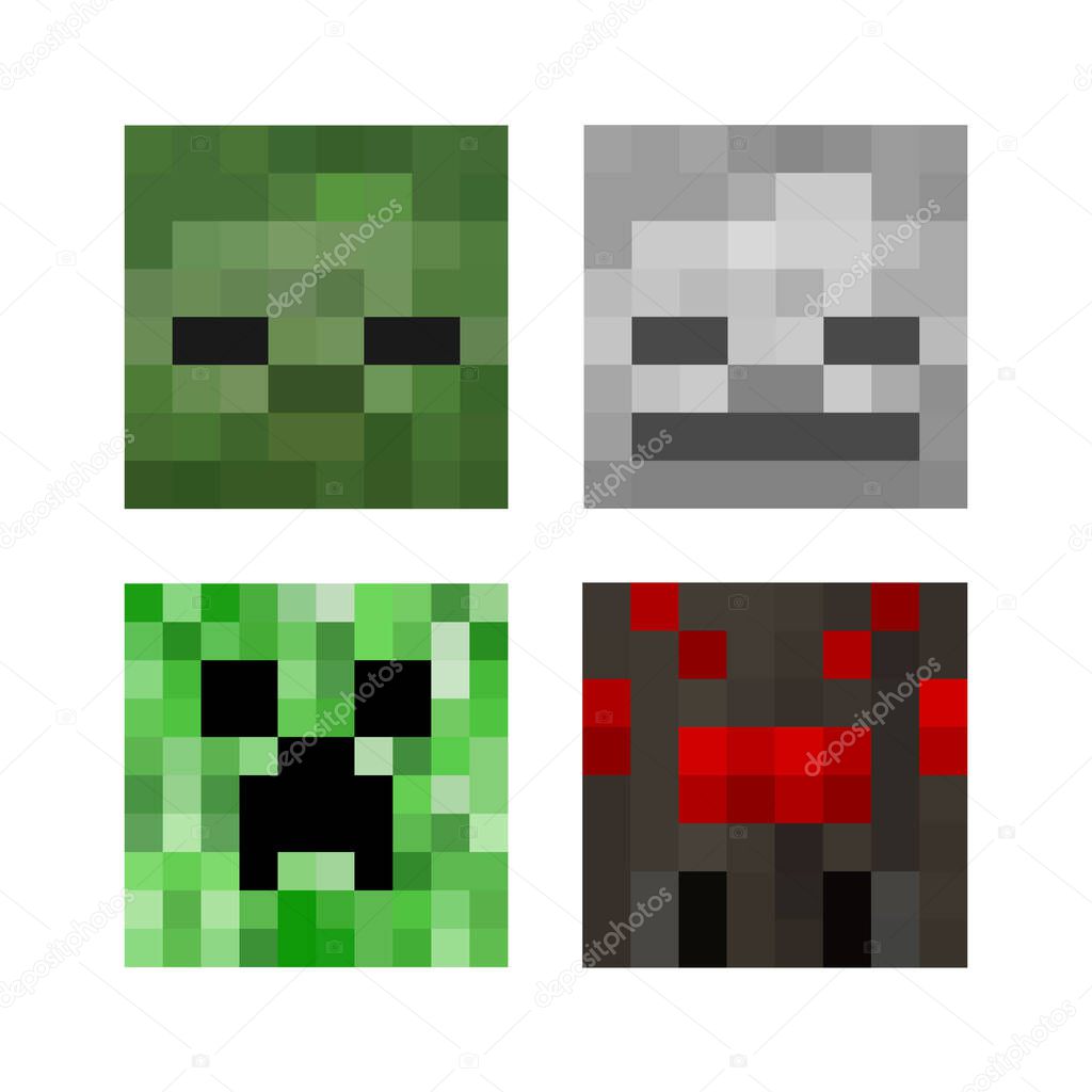 Pixel concept avatars set. Pixel heroes. Zombie, Golem, Spider male character concept. game concept. vector illustration