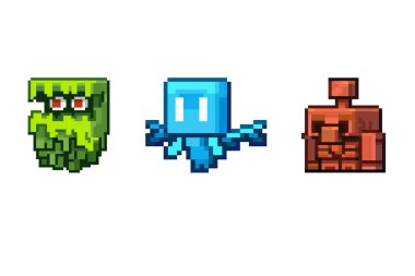 Game characters Glare, Allay, Copper Golem. Game mobs 8 bit. Game concept