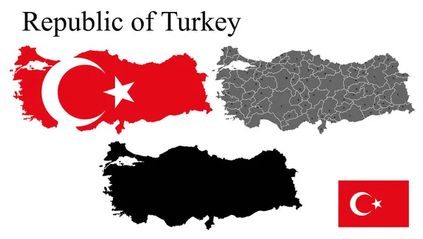 Set Dari Turki Peta Dengan Daerah Tanda Peta Siluet Kartu - Stok Vektor