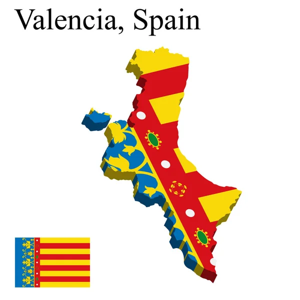 Vlajka Valencie Španělska Mapě Bílém Pozadí Vektorová Ilustrace — Stockový vektor