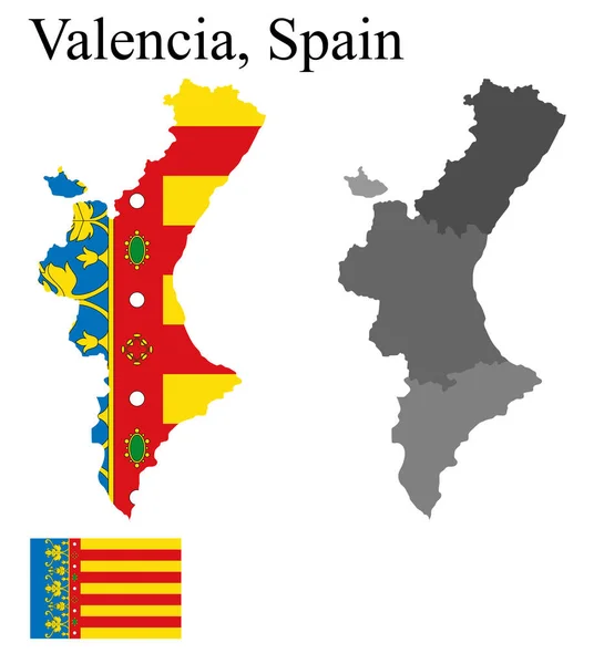 スペインのバレンシア地図のセット 地図に旗を掲げろ カードのシルエット ベクターイラスト — ストックベクタ