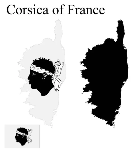 Serie Mappe Della Corsica Francia Bandiera Sulla Mappa Silhouette Del — Vettoriale Stock