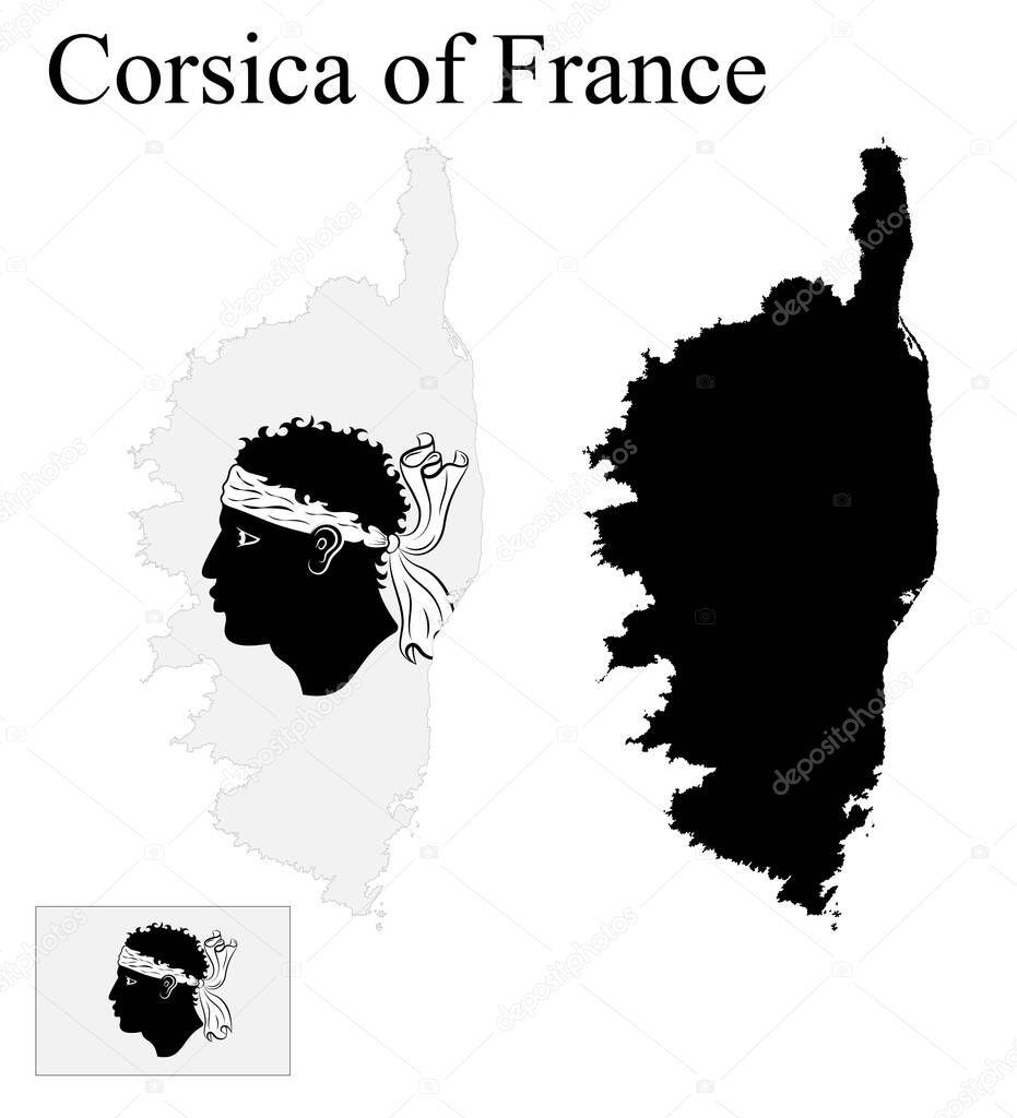 Set of maps of Corsica of France. Flag on the map. Silhouette of the card. Vector illustration