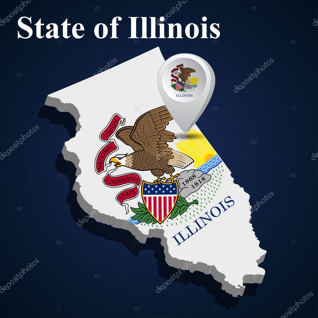 Flag of State of Illinois of USA on map on dark background. Vector illustration
