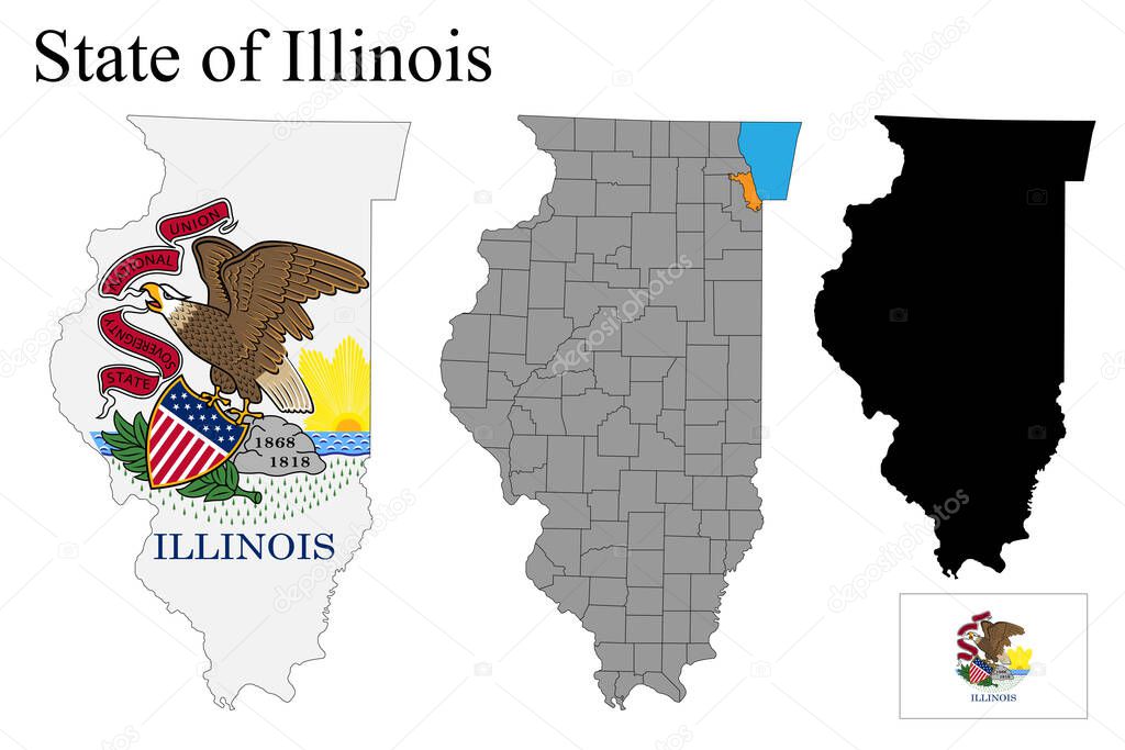 Set of maps of Illinois (USA). Flag on the map. Silhouette of the card. Vector illustration