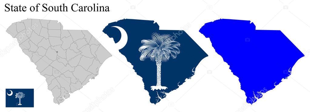 Set of maps of South Carolina (USA). Flag on the map. Silhouette of the card. Vector illustration