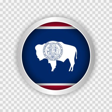 Web siteleri için saydam arkaplan unsurunda yuvarlak düğme üzerine Wyoming eyaleti bayrağı. Vektör illüstrasyonu