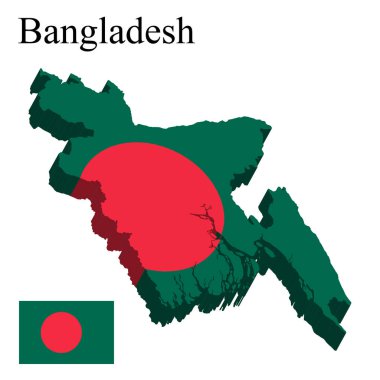 Bangladeş bayrağı beyaz arkaplanda 3d haritada. Vektör illüstrasyonu