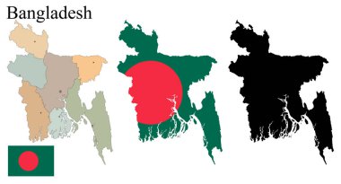 Bangladeş 'in haritaları. Haritada bayrak var. Kartın silueti. Vektör illüstrasyonu