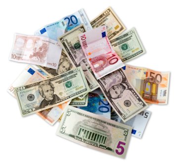 Euro ve dolar banknotlar üstten görünüm kırpma yolu ile