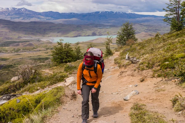 Women trekking in Torres del Paine strong wind blowing — Stock Photo, Image