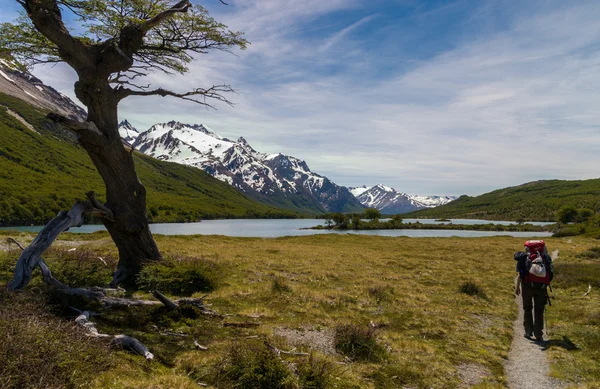 Trekking weg naar fitz roy met vrouwen trekking — Stockfoto