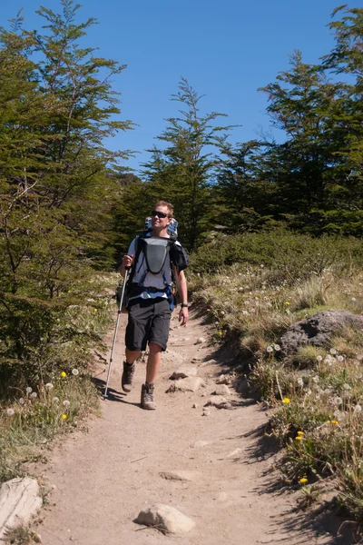 Man op een trekking parcours dicht bij fitz roy in Argentinië — Stockfoto