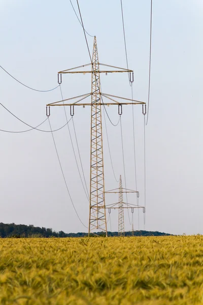 Torre eléctrica con línea de alimentación y campo de cebada —  Fotos de Stock