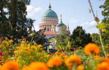 Potsdam 'daki kubbe ve eski belediye binası çiçekli bir parkın arkasında.