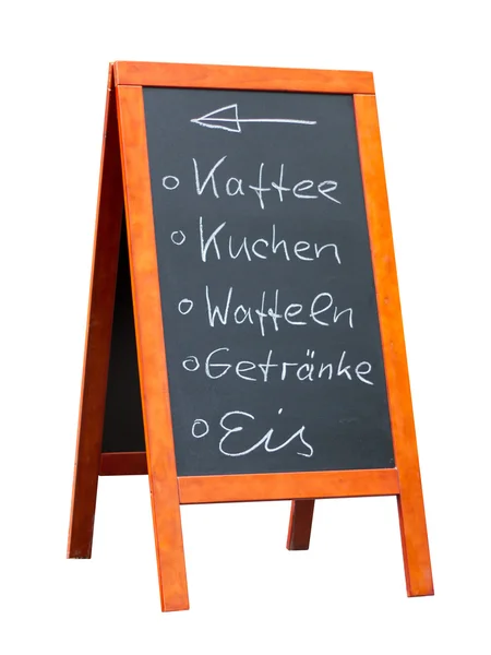 Schild in Deutschland für frischen Eiskaffee und Kuchen isoliert auf weiß — Stockfoto