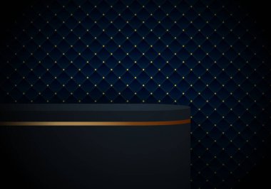 Mavi geometrik kareler üzerinde 3D gerçekçi beyaz ve altın rengi kaidesel ürün rafı altın noktalar lüks arka plan ve dokuya sahip desen tasarımı. Vektör illüstrasyonu