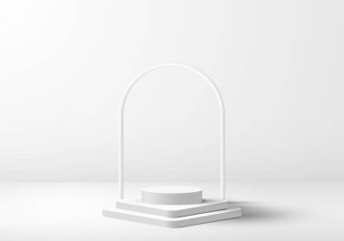 3D gerçekçi ürün, beyaz podyumu temiz arka planda minimal tarzda sergiliyor. Geometrik platform tasarımı. Ürün gösterimi, sunum kozmetik, vs. için kullanabilirsiniz. Vektör grafik illüstrasyonu