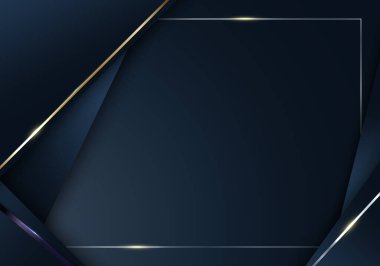 Soyut mavi çizgili üçgenler parlak altın çizgiler ve çerçeve arka plan lüks tarzıyla şekillenir. Vektör illüstrasyonu