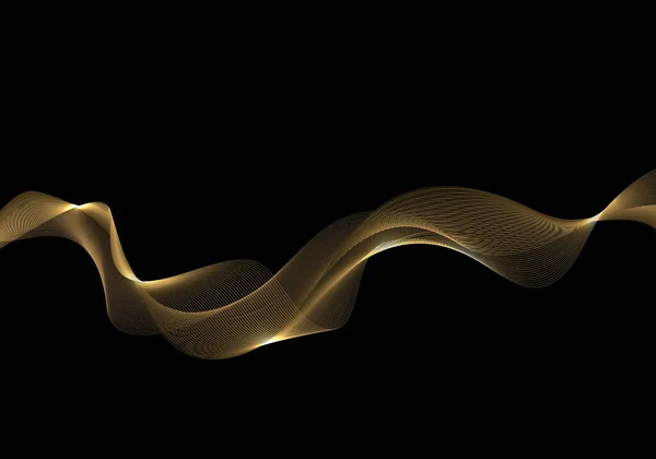 Abstrakt Glänsande Gyllene Våg Eller Vågiga Linjer Med Belysning Svart — Stock vektor