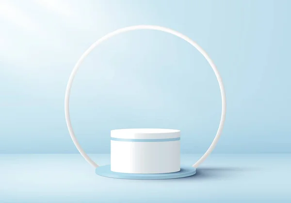 Realistic White Cylinder Pedestal Circle Line Backdrop Soft Blue Studio — Stock Vector