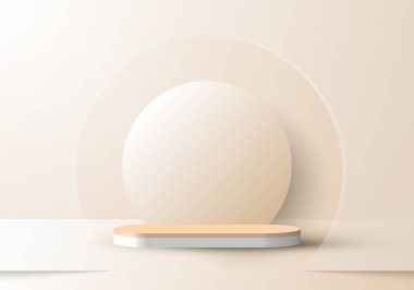 3D gerçekçi, asgari sahne boş podyum stüdyo odası daire arkaplan ve şeffaf cam dekorasyonlu yumuşak kahverengi arka plan. Ürün sunumu, maketi vs. için tasarım. Vektör illüstrasyonu