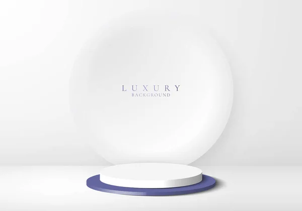 3D realistic product display white and blue podium with white circle backdrop on clean background minimal style. Geometric platform design. You can use for product display, presentation cosmetic, etc. Vector graphic illustration