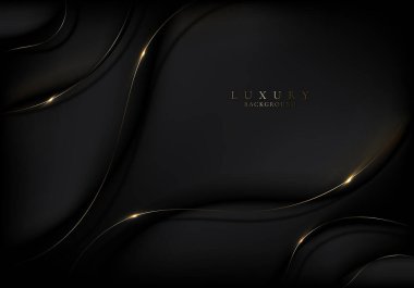 Soyut 3d zarif siyah dalgalı eğri şekilli arka plan altın çizgiler ve ışıklandırma. Lüks bir şekilde. Vektör illüstrasyonu