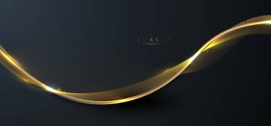 Soyut zarif 3D altın dalga eğri çizgi elementleri koyu mavi arkaplanda ışık efekti yapıyor. Lüks bir şekilde. Vektör grafik illüstrasyonu