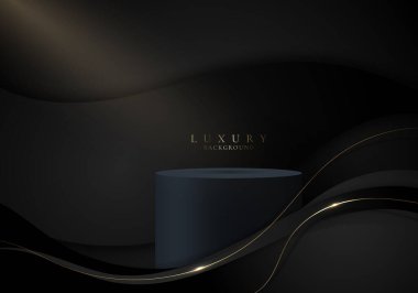 3D gerçekçi koyu mavi silindir podyum siyah eğri şekilli arka plan altın dalga çizgileri ve ışıklandırma lüks tarzı. Ürün gösterimi, sunum kozmetik, vs. için kullanabilirsiniz. Vektör illüstrasyonu