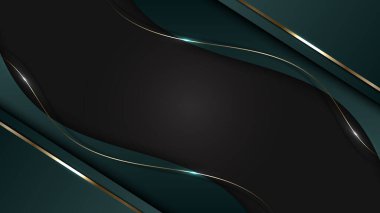 Üç boyutlu soyut arkaplan, altın eğri çizgileri olan yeşil çizgiler. Lüks bir şekilde. Vektör illüstrasyonu