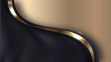 Soyut zarif üç boyutlu siyah dalga şekilleri ve altın arkaplan üzerinde ışık efektli altın kurdeleli çizgi elementleri. Lüks bir şekilde. Vektör grafik illüstrasyonu