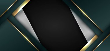 Soyut 3D yeşil ve beyaz çizgili üçgenler, parlak altın çizgili ışıklandırma efektleri ile siyah arka plan afiş şablonu lüks stili. Vektör illüstrasyonu