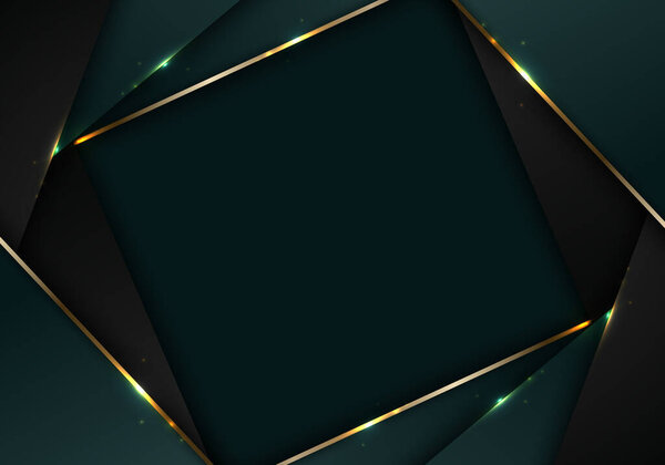 Banner web elegant 3D abstract green and black stripes shapes with lighting shiny golden diagonal lines on dark background template luxury style. Vector illustration