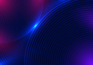 Soyut teknoloji fütüristik konsept mavi daire çizgileri ve koyu arkaplan üzerinde ışık efektli noktalı parçacıklar. Vektör illüstrasyonu