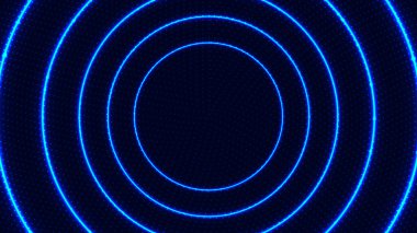 Soyut radyal hareket çizgileri mavi parlayan neon ışıklı ışıklandırma etrafında dönüyor parlak enerji ışınları ve koyu arkaplandaki noktacıklar. Vektör illüstrasyonu