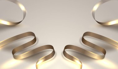 Üç boyutlu gerçekçi altın kurdele çizgileri bej arka plan lüks tarzı üzerinde ışıklandırma efektiyle dekorasyon unsurları. Vektör illüstrasyonu