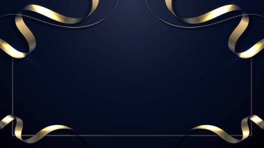 Soyut 3D zarif altın kurdele dalgası, altın çerçeveli kıvrımlı çizgiler ve koyu mavi arka planda ışık efekti. Lüks bir şekilde. Vektör illüstrasyonu
