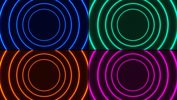 抽象的な放射状の動き線のセット濃い背景にドット粒子と青 ピンク 赤の色輝くネオン発光照明効果明るいエネルギー線の円 ベクターイラスト — ストックベクタ
