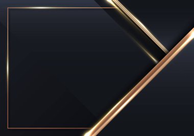 Soyut 3D siyah ve altın çizgili üçgenler, parlak altın çerçeveli üçgenler, koyu arka plan şablonu üzerinde ışıklandırma efekti. Vektör illüstrasyonu